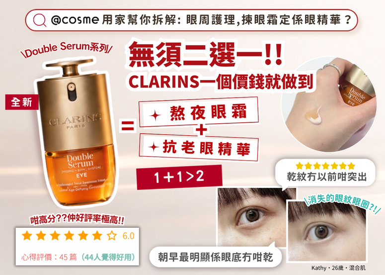 40年抗老專家 CLARINS 全新升級版 Double Serum Eye｜#眼霜眼精華 1+1>2，雙萃同源擊退眼紋、浮腫與黑眼圈，7天升級見證更年輕雙眸