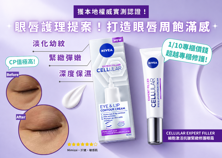 獲本地權威實測認證！性價比極高的NIVEA大熱眼唇霜 一支兩用 修護眼周、唇周細紋 打造填充般飽滿年輕感